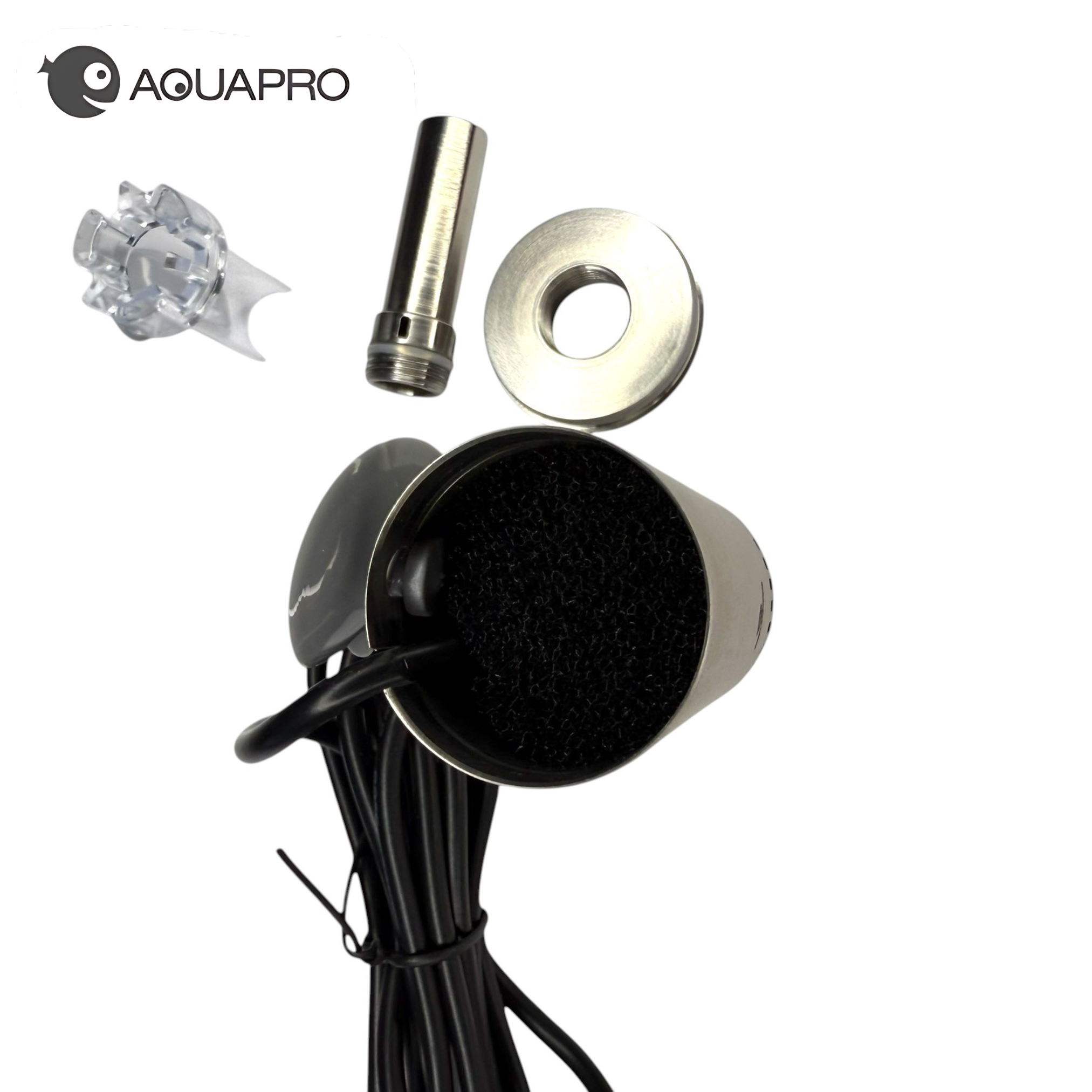 Image shows a AquaPro surface skimmer with internal media and parts on a white background