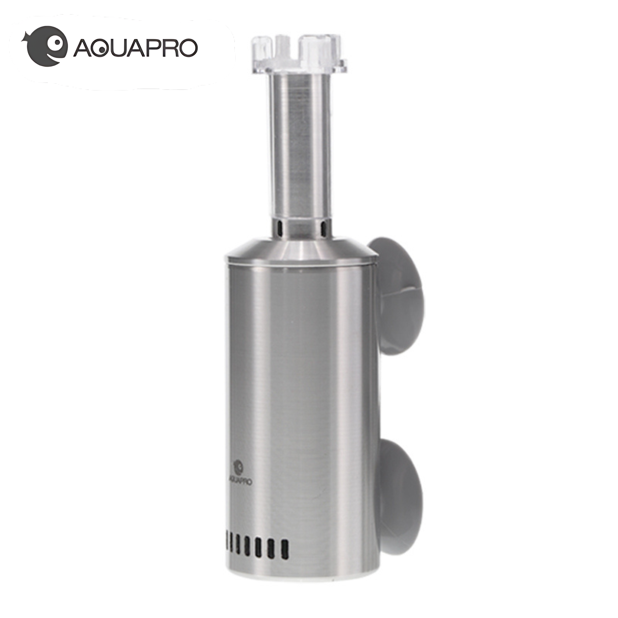 Stainless steel water skimmer filter with Aquapro branding on a white background