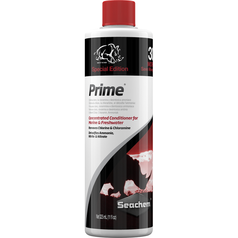 A bottle of Seachem Prime water conditioner for aquariums, with a label featuring an image of a fish.