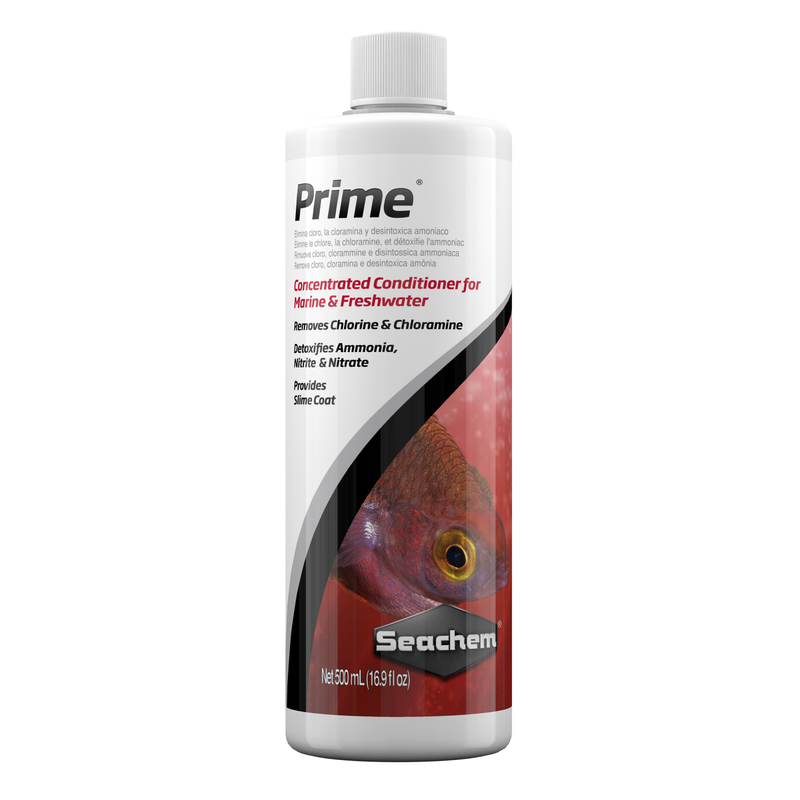 A bottle of Seachem Prime water conditioner for aquariums, with a label featuring an image of a fish.