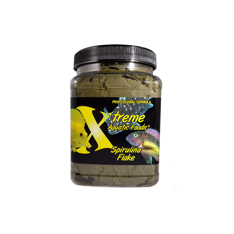 A 99g container of Xtreme brand Spirulina flake aquatic fish food with bright, colourful fish on the lavel.