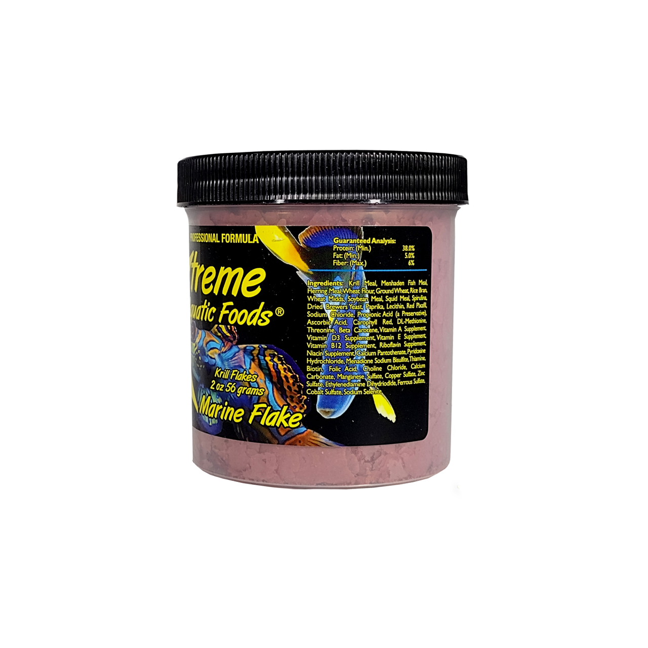 A clear container of Xtreme 56g Marine Krill Flake fish food, showing the guaranteed analysis and ingredients list alongside a label showing various fish.