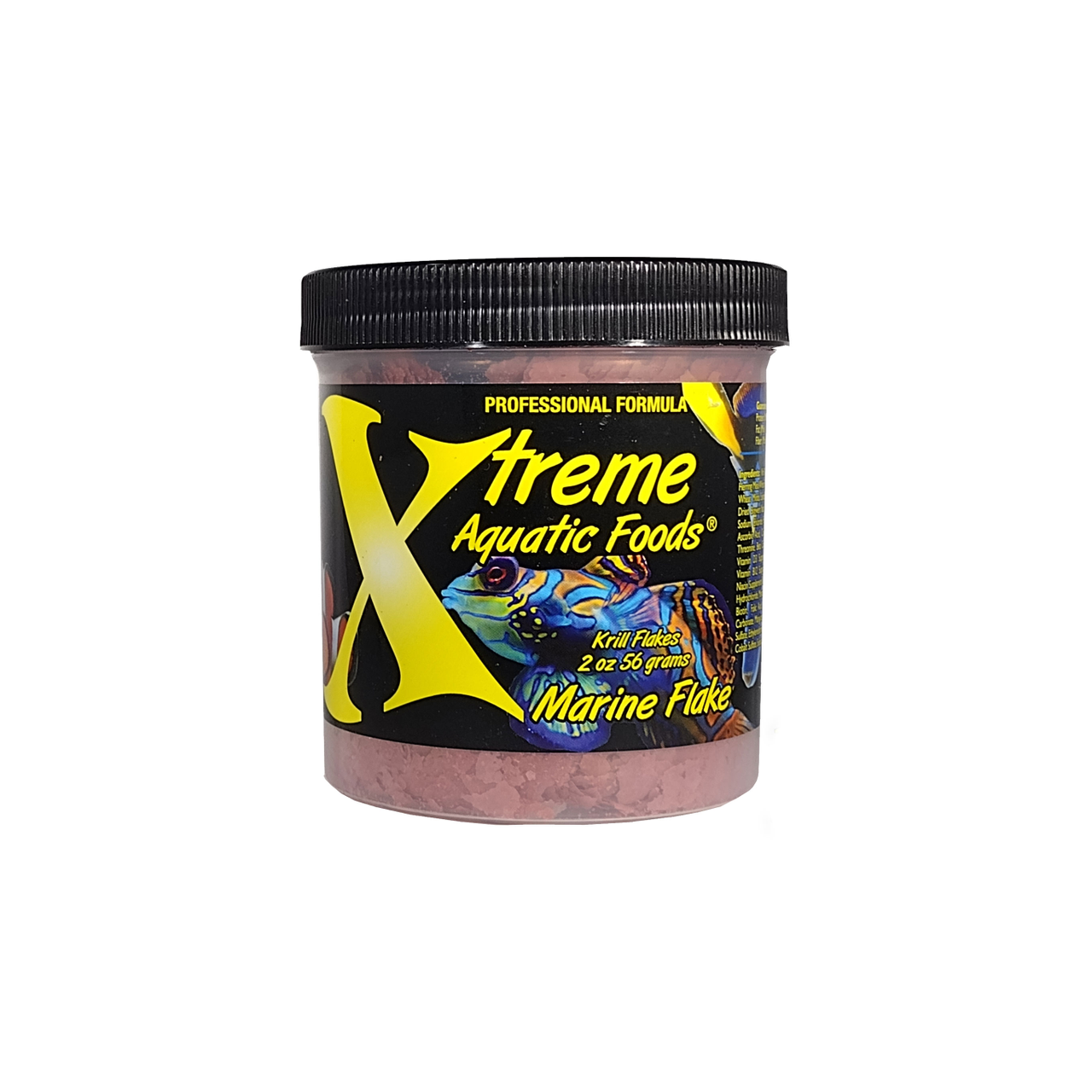 A clear container of Xtreme 56g Marine Krill Flake fish food, showing the product name and description, alongside a label showing various fish.