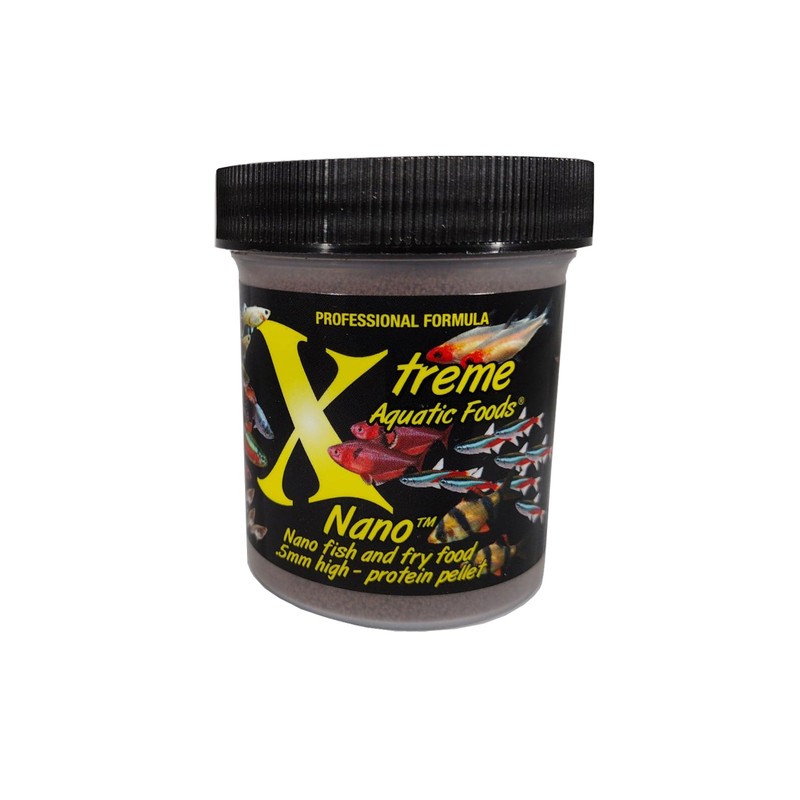 A clear container of Xtreme 70g Nano 0.5mm Pellet fish food, showing the product name and description, alongside a label showing various fish and the size of the food pellets.