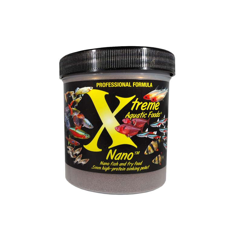 A clear container of Xtreme 290g Nano 0.5mm Pellet fish food, showing the product name and description, alongside a label showing various fish and the size of the food pellets.