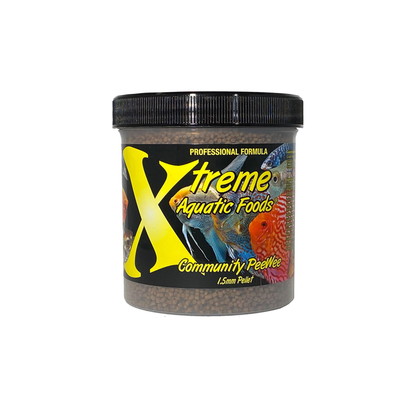 A clear container of Xtreme 283g Community Peewee 1.5mm Pellet fish food, showing the product name and description, alongside a label showing various fish and the size of the food pellets.