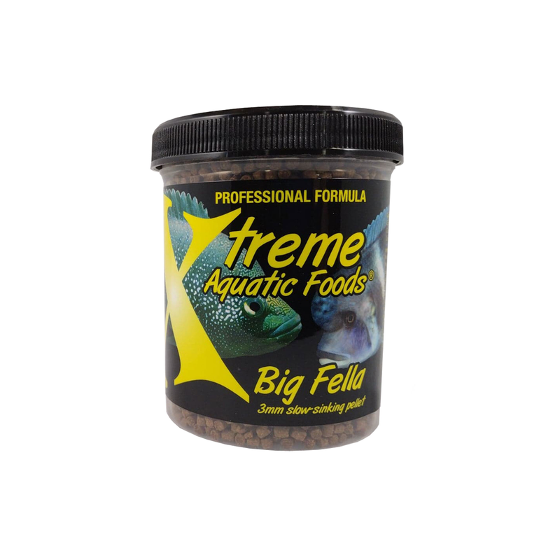 A clear container of Xtreme 141g Big Fella 3mm Pellet fish food, showing the product name and description, alongside a label showing various fish and the size of the food pellets.