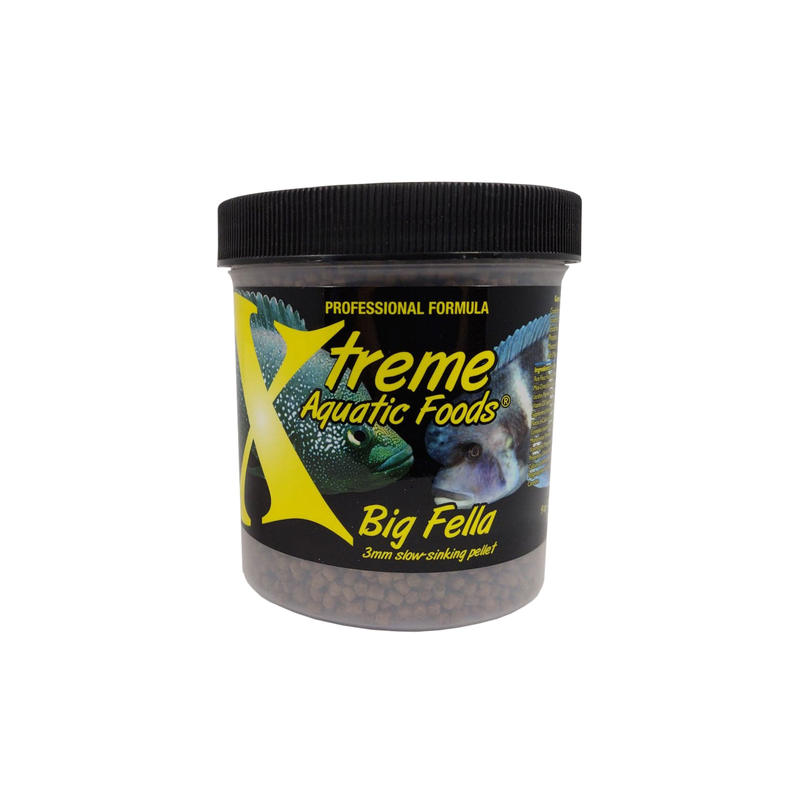 A clear container of Xtreme 255g Big Fella 3mm Pellet fish food, showing the product name and description, alongside a label showing various fish and the size of the food pellets.