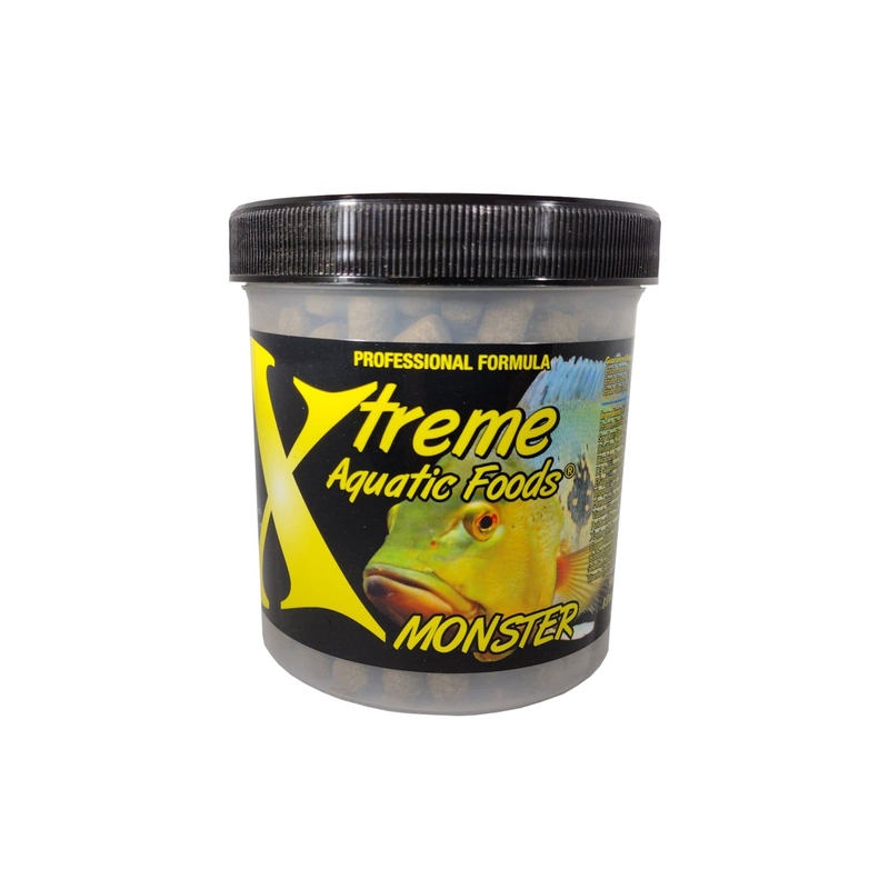 A clear container of Xtreme 249g 9mm Monster Pellet fish food, showing the product name and description, alongside a label showing various fish and the size of the food pellets.