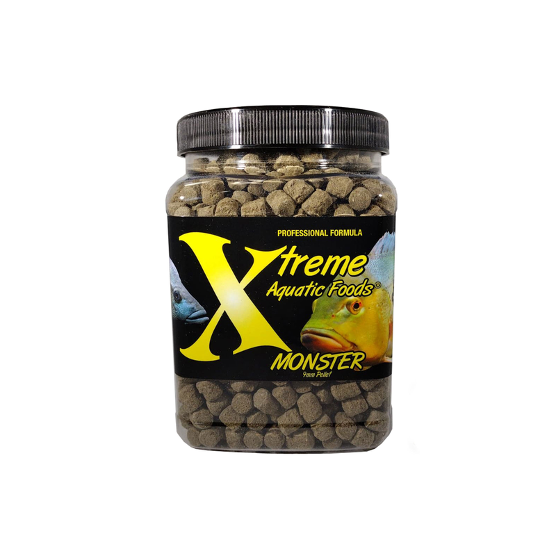 A clear container of Xtreme 510g 9mm Monster Pellet fish food, showing the product name and description, alongside a label showing various fish and the size of the food pellets.