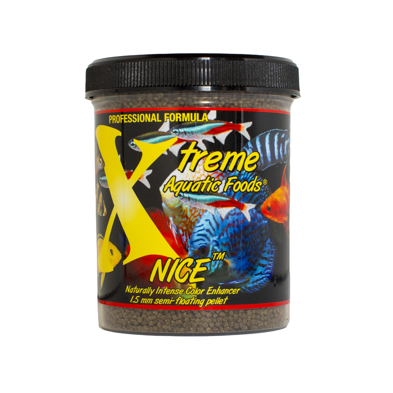 A container of Xtreme 142g NICE 1.5mm fish food, showing the product name and description, alongside a label showing various fish and the size of the food pellets.