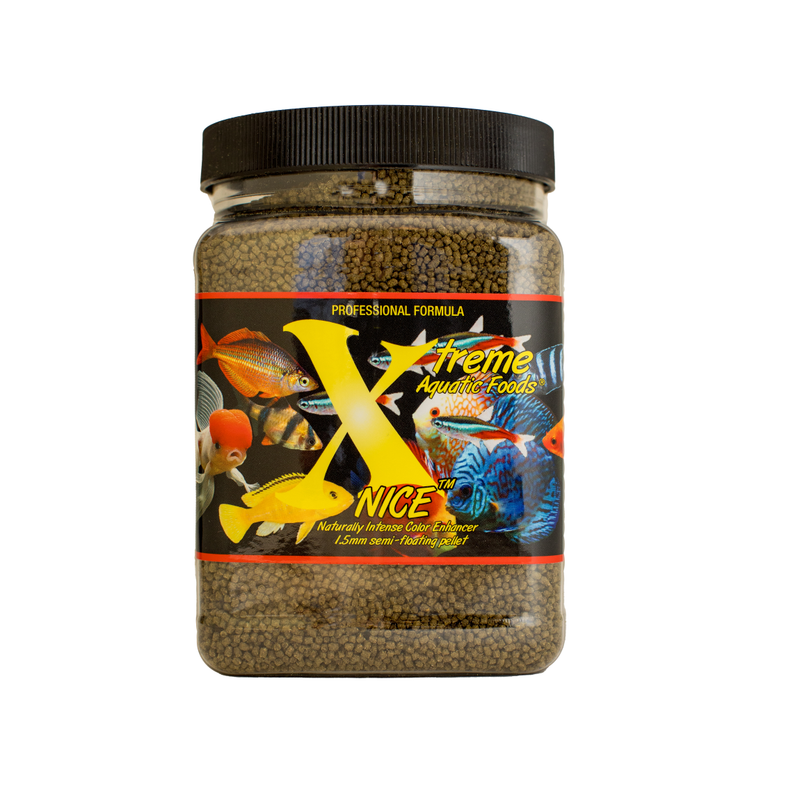 A container of Xtreme 567g NICE 1.5mm fish food, showing the product name and description, alongside a label showing various fish and the size of the food pellets.