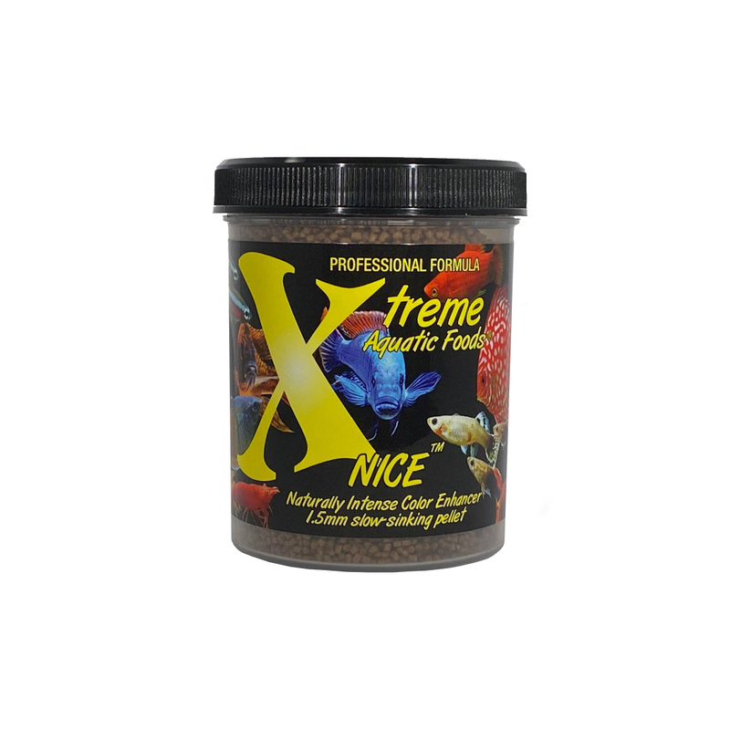 A clear container of Xtreme 140g NICE 1.5mm Pellet fish food, showing the product name and description, alongside a label showing various fish and the size of the food pellets.