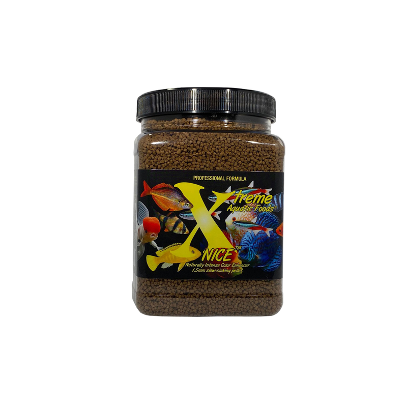 A clear container of Xtreme 567g NICE 1.5mm Pellet fish food, showing the product name and description, alongside a label showing various fish and the size of the food pellets.