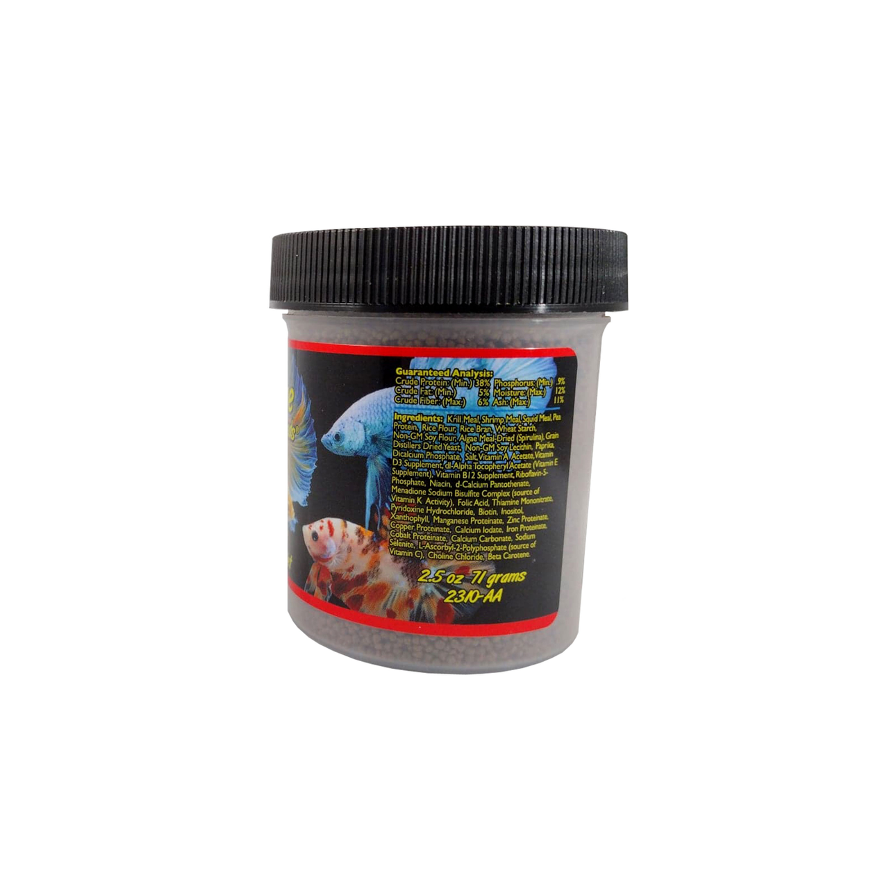 A clear container of Xtreme 71g 1mm Betta Pellet fish food, showing the product guaranteed analysis and ingredients alongside pictures showing various betta fish.