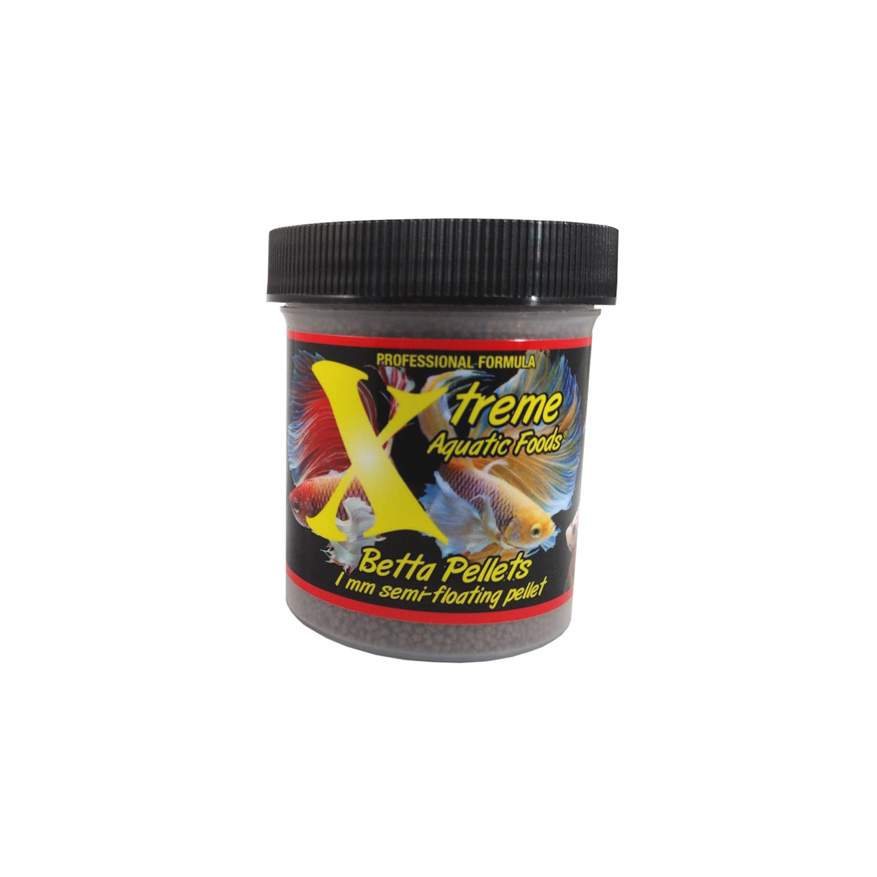 A clear container of Xtreme 71g 1mm Betta Pellet fish food, showing the product name and description, alongside a label showing various betta fish and the size of the food pellets.