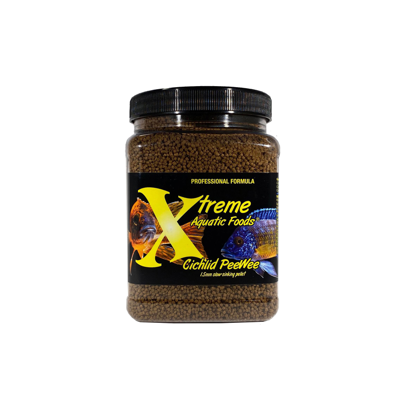 A clear container of Xtreme 560g Cichlid Peewee fish food, showing the product name and description, alongside a label showing various fish and the size of the pellets.
