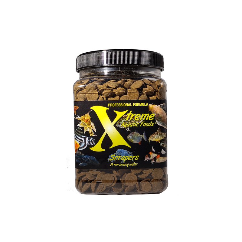 A container of Xtreme 988g Scrapers fish food, showing the product name and description, alongside images of fish and the size of the food pellets.