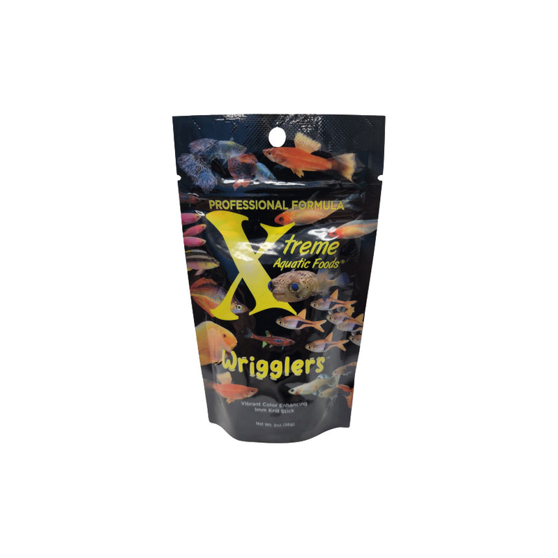 A package of Xtreme Wrigglers Krill Stick 56g fish food with images of various colorful fish on the label.