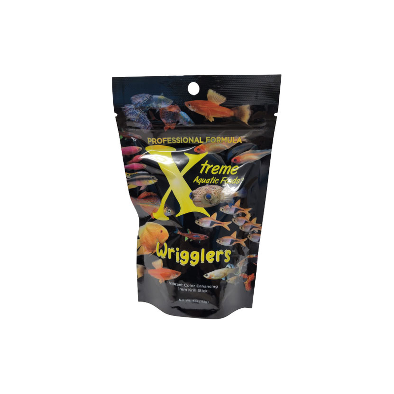A package of Xtreme Wrigglers Krill Stick 112g fish food with images of various colorful fish on the label.