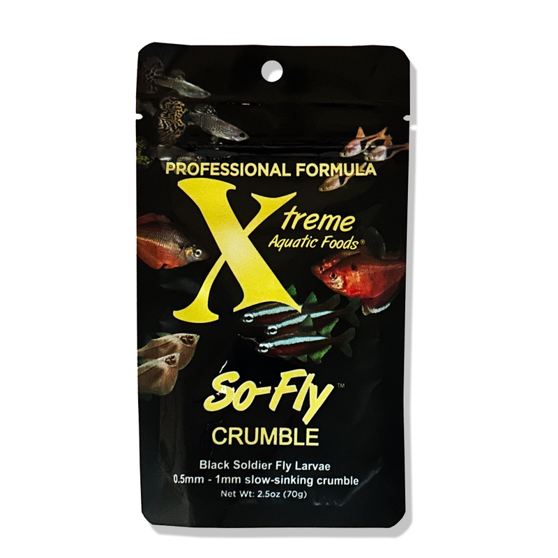Black packaging of Xtreme Aquatic Professional Formula Foods So-FLY Crumble 70g with images of tropical fish