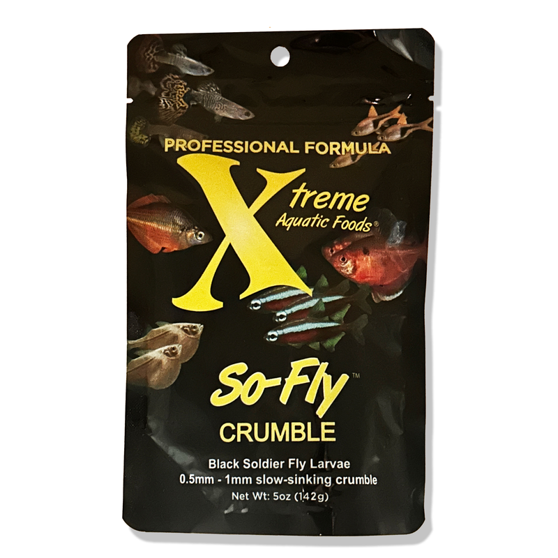 Black packaging of Xtreme Aquatic Professional Formula Foods So-FLY Crumble 142g with images of tropical fish