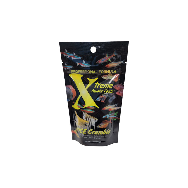 A black bag of Xtreme 70g NICE 0.5-1mm Crumble fish food, showing the product name and description, alongside a label showing various fish.