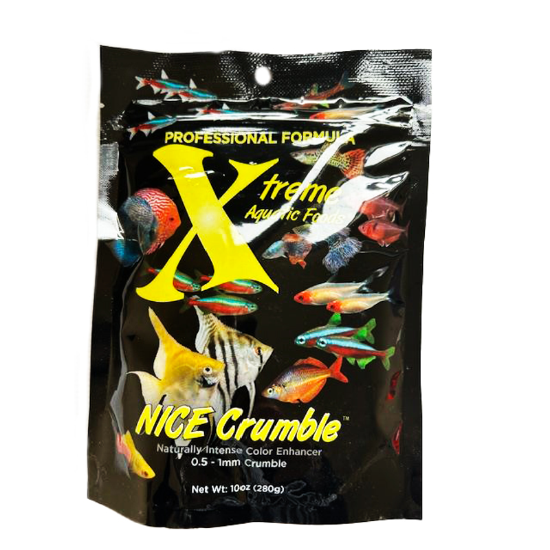 A black bag of Xtreme 280g NICE 0.5-1mm Crumble fish food, showing the product name and description, alongside a label showing various fish.
