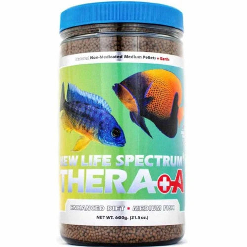 New Life Spectrum Thera+A 600g fish food container with colorful fish illustration label on a white background. Container is see through and you can see the pellets in the container