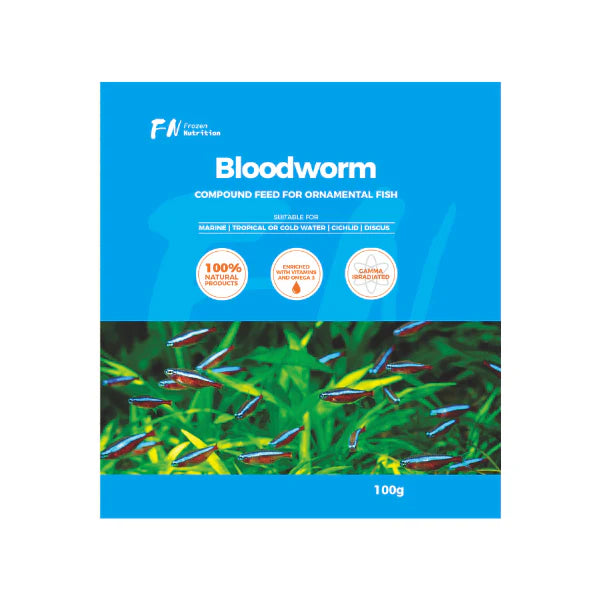 Package of bloodworm compound worm feed for ornamental fish with blue background and a school of cardinal tetra swimming with green plants behind them