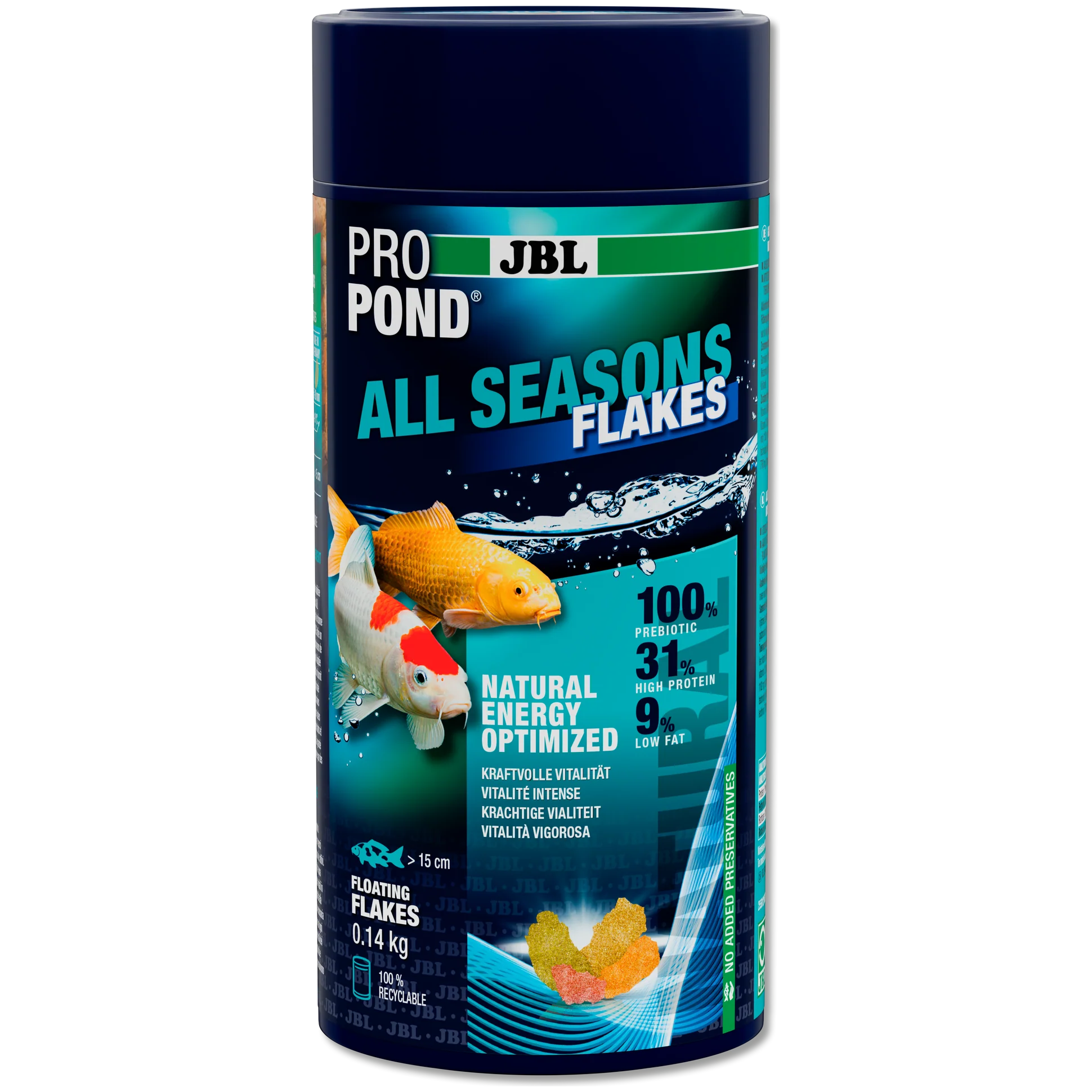 JBL ProPond All Seasons Flakes packaging with a Koi and Yellow Goldfish on a light and dark blue background with an illustration of the colours of the flakes.