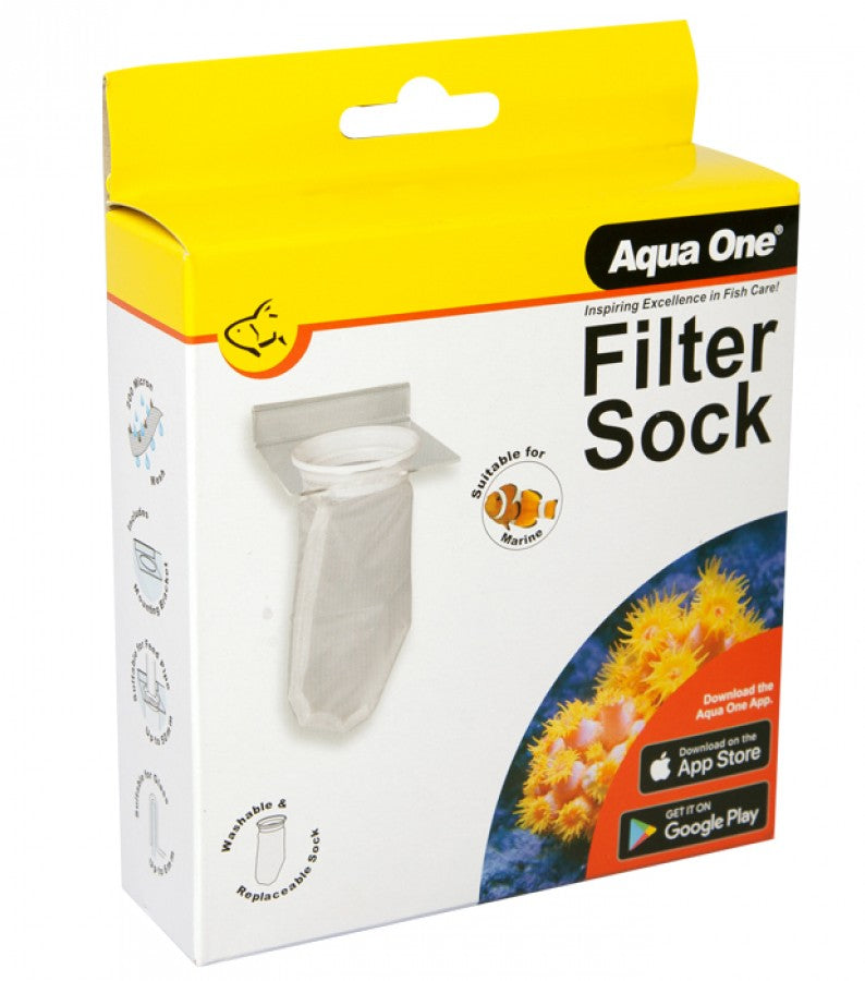 Aqua One Filter Sock packaging with a yellow top and white body, featuring an image of the filter sock and marine life illustration.